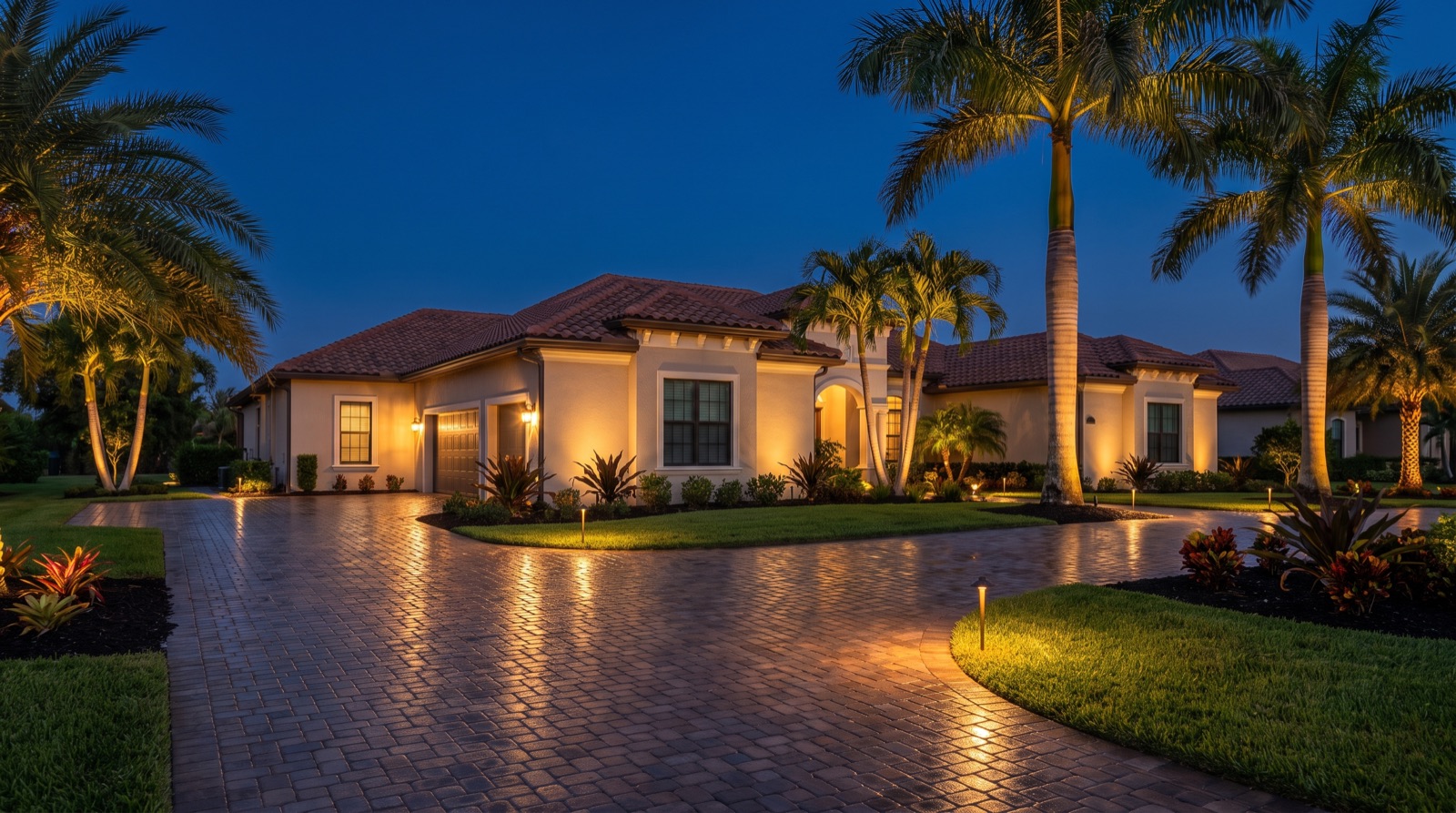 A Southwest Florida home at dusk with warm landscape lighting on the palms, façade and paver driveway