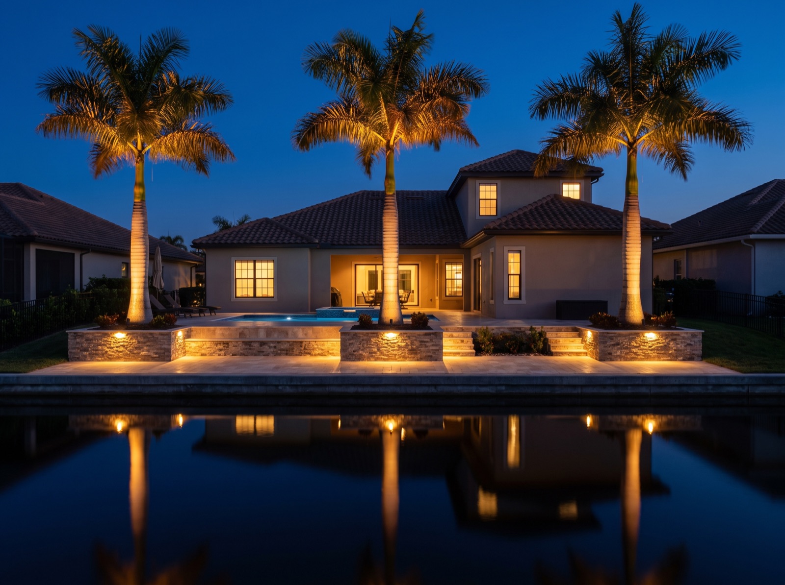 Landscape lighting on a canal-front property near North Port, Florida