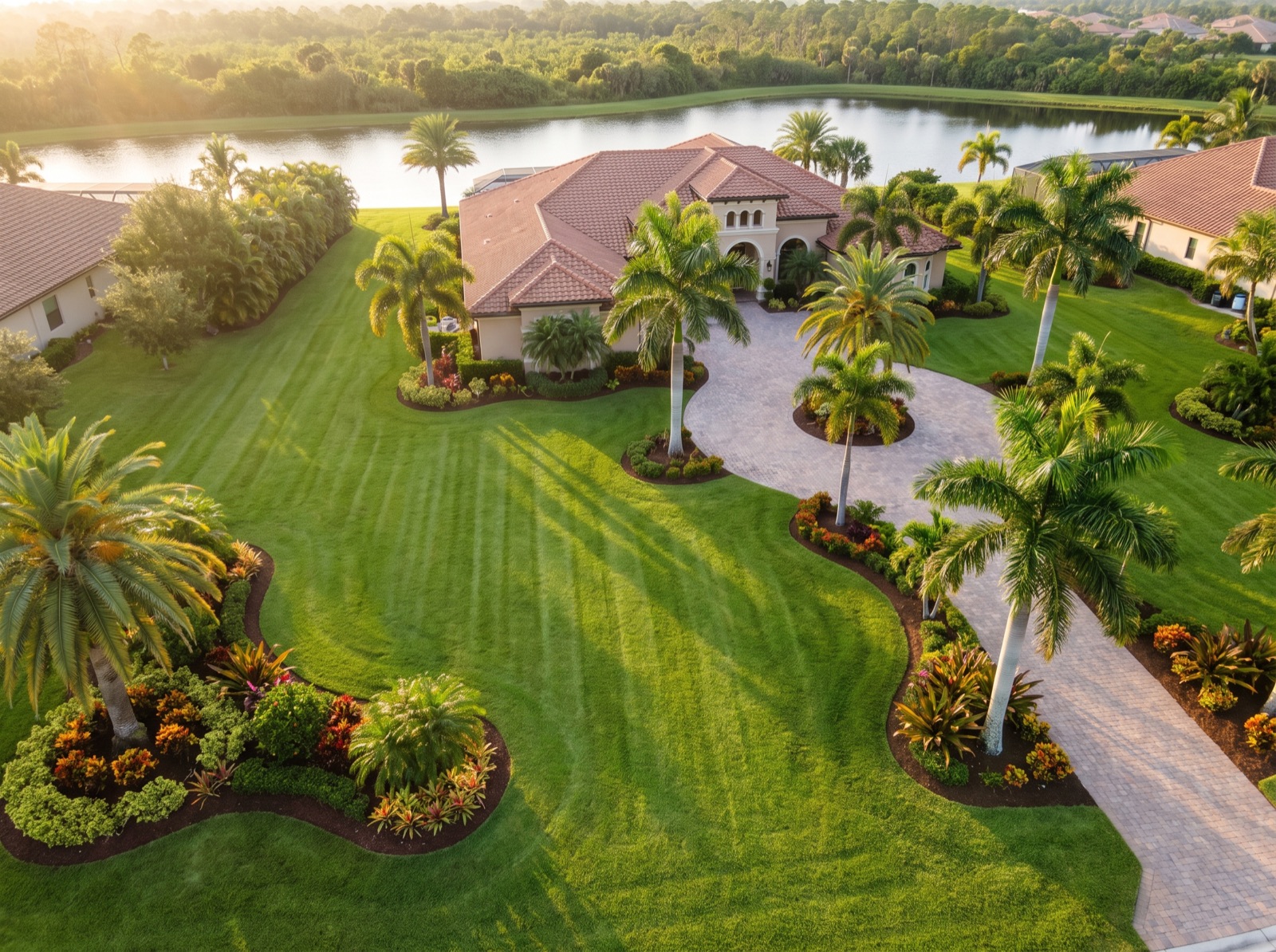 Aerial view of a maintained Southwest Florida property at golden hour