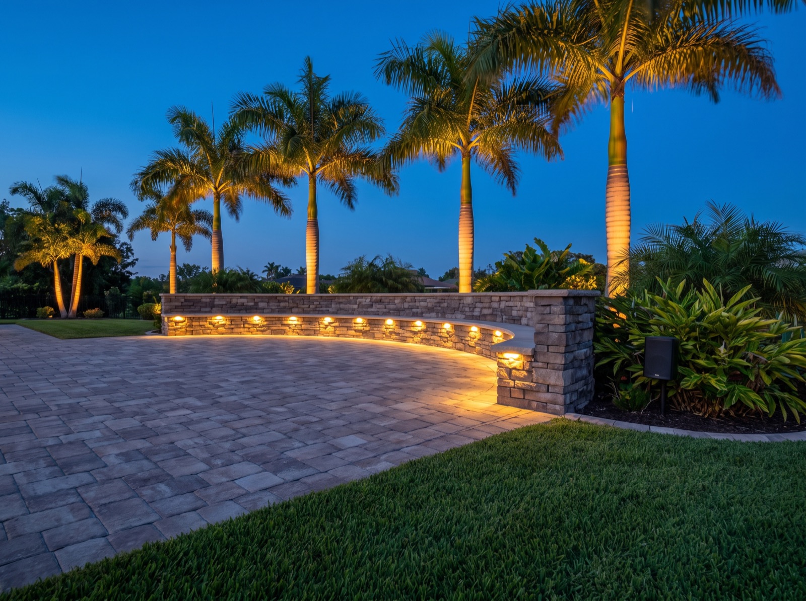 A paver patio and seat wall at dusk with integrated warm lighting and a speaker set into the planting