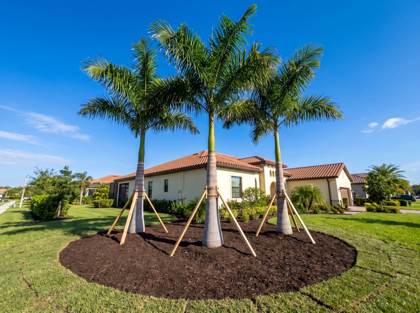 Specimen palms sourced, placed, planted and braced. The fastest way to change a property's scale.