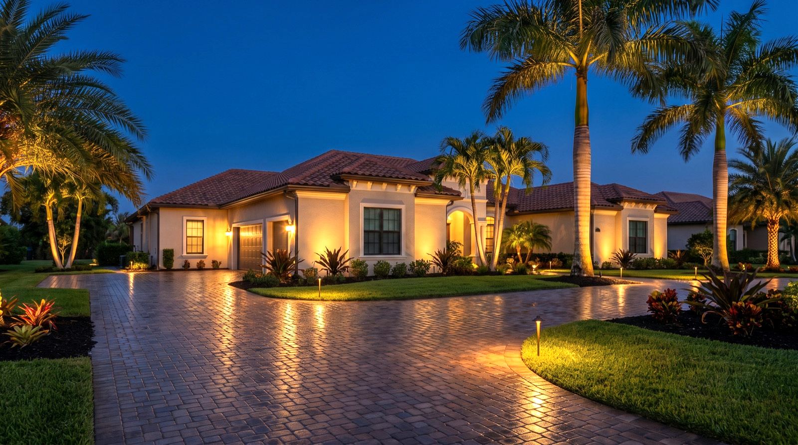 A Southwest Florida home at blue hour with warm uplighting on the palms, façade and paver driveway
