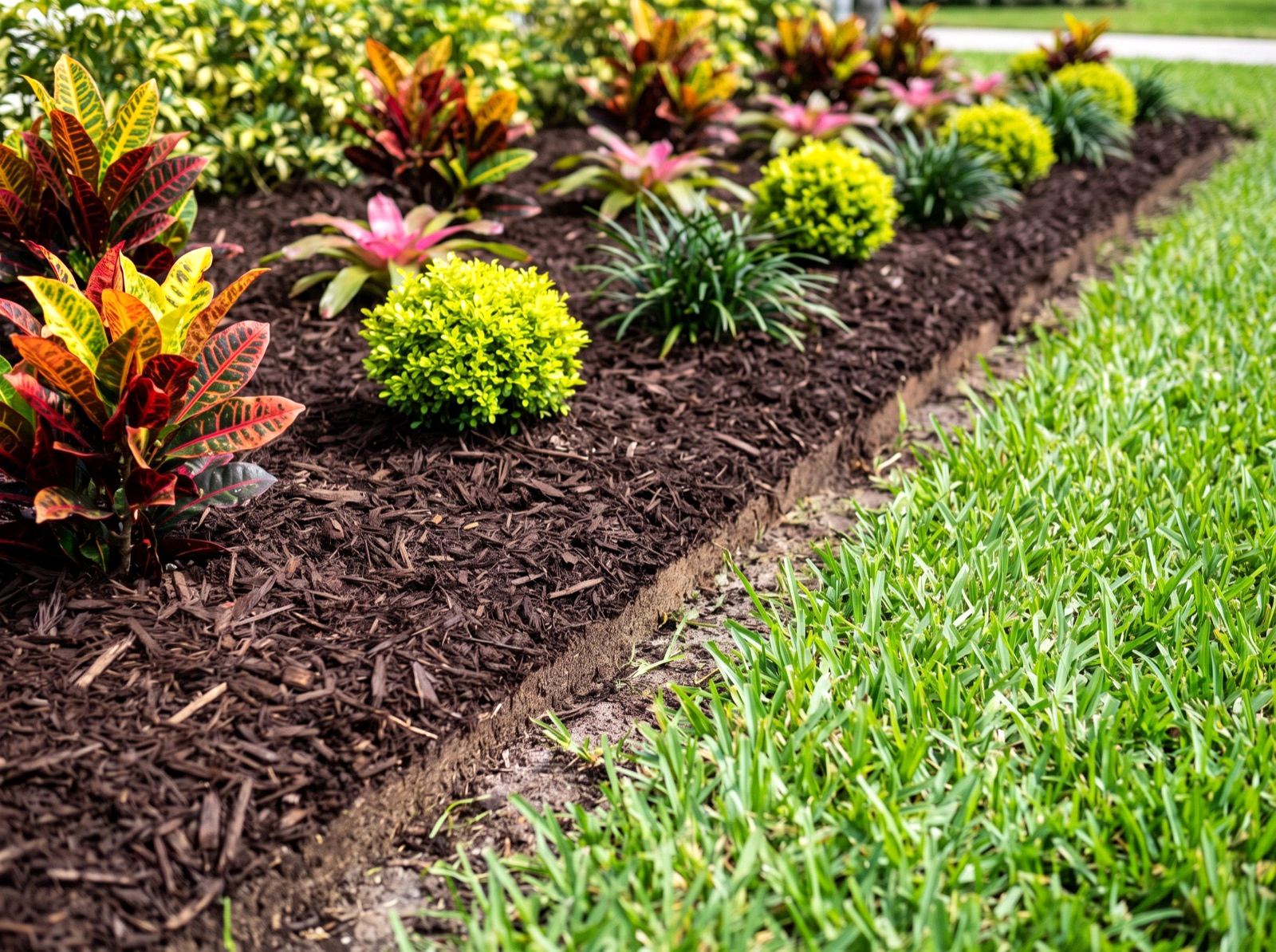 A planting bed of crotons and bromeliads in dark mulch with a razor-sharp spaded edge