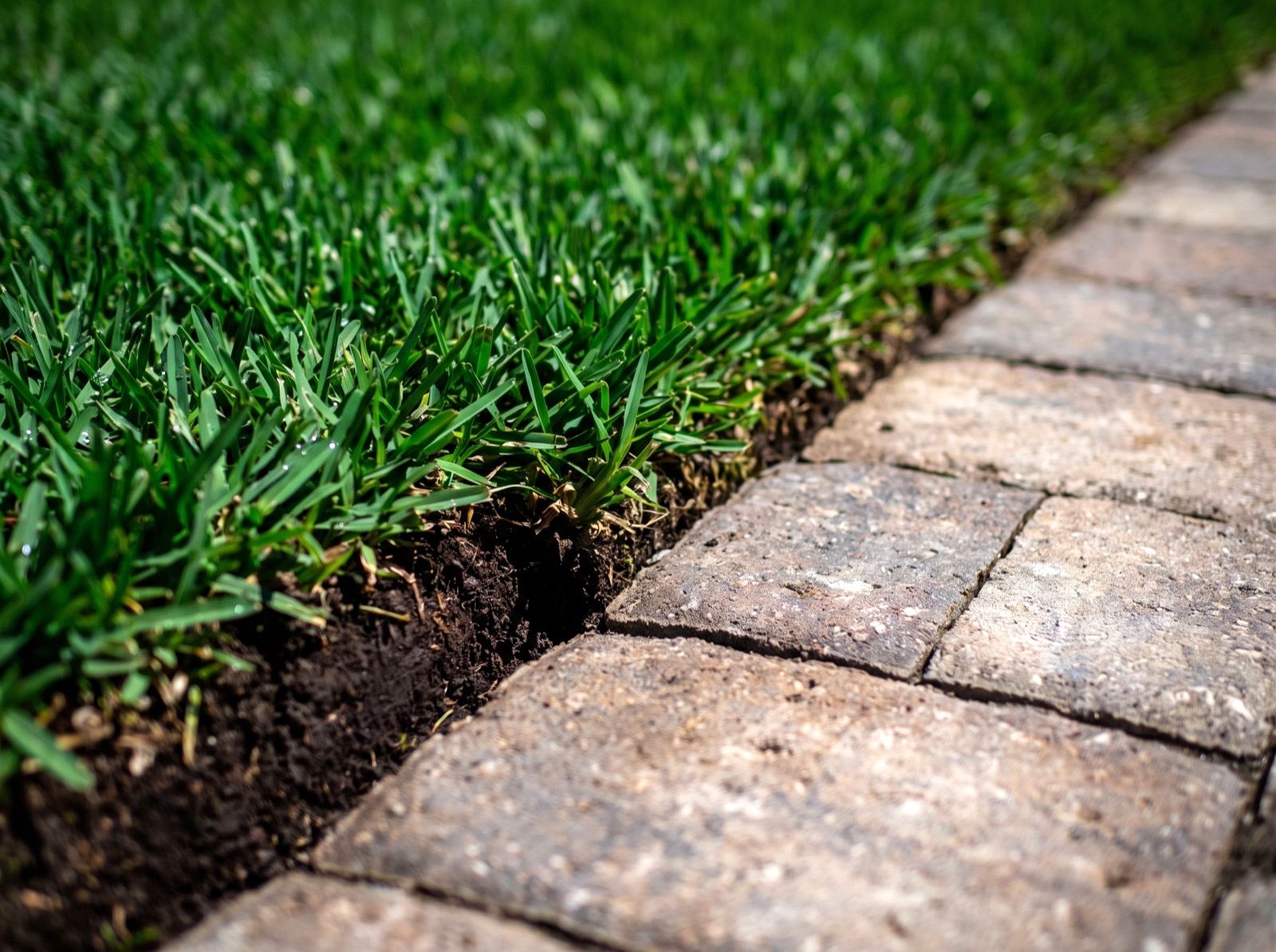 Freshly installed turf cut precisely along a paver edge, soil profile visible at the cut