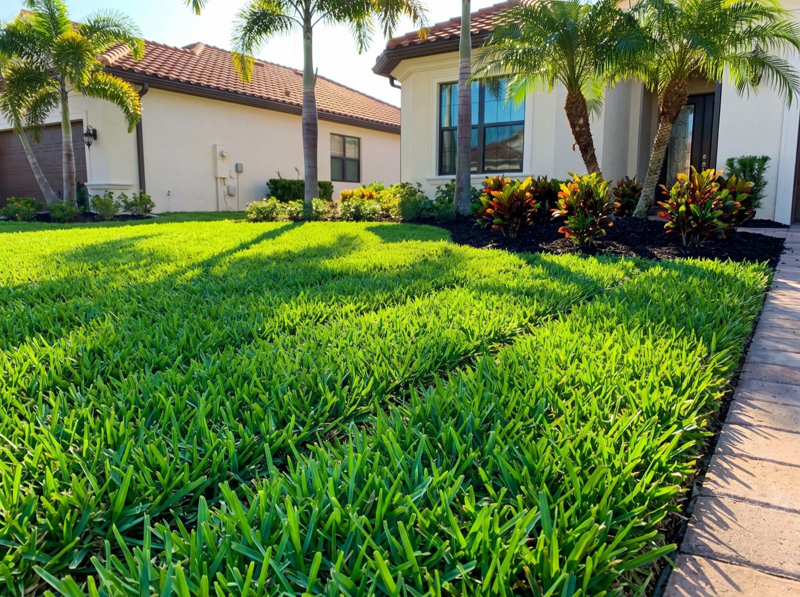 Low view across newly laid St. Augustine turf showing fresh seams and blade texture