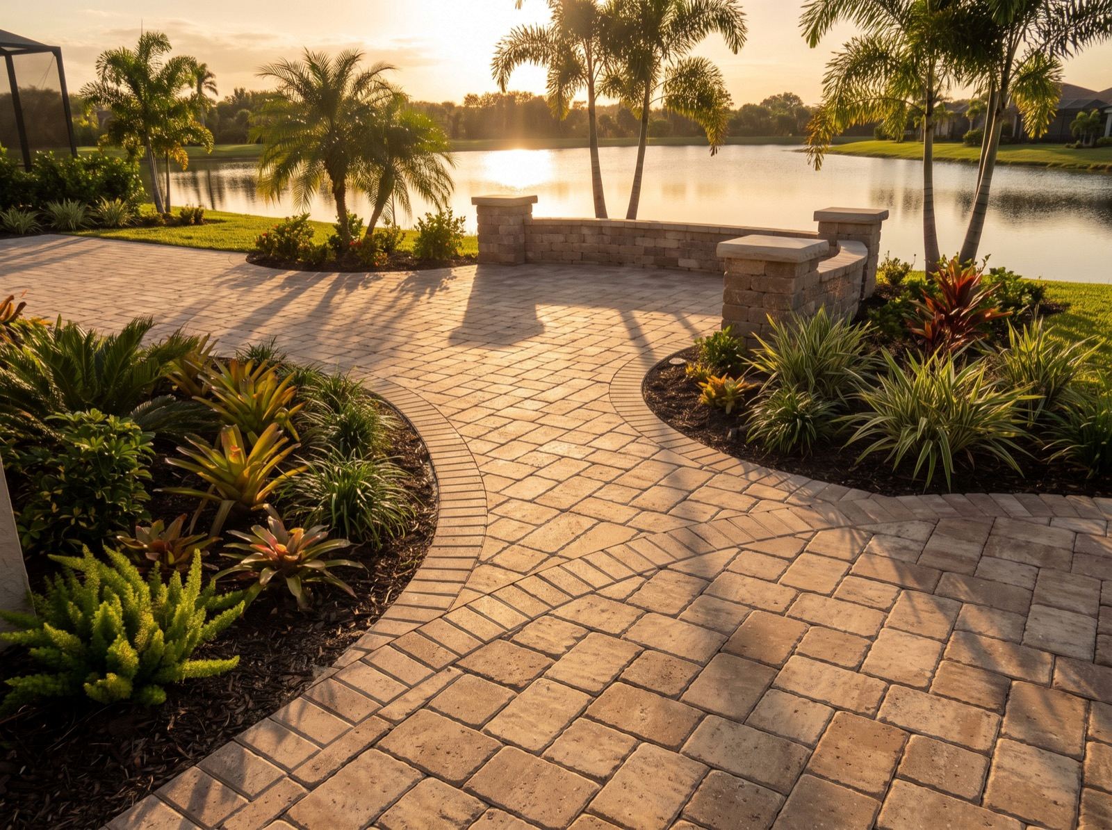 Travertine-toned paver patio and walkway leading to a stacked-stone seat wall at golden hour