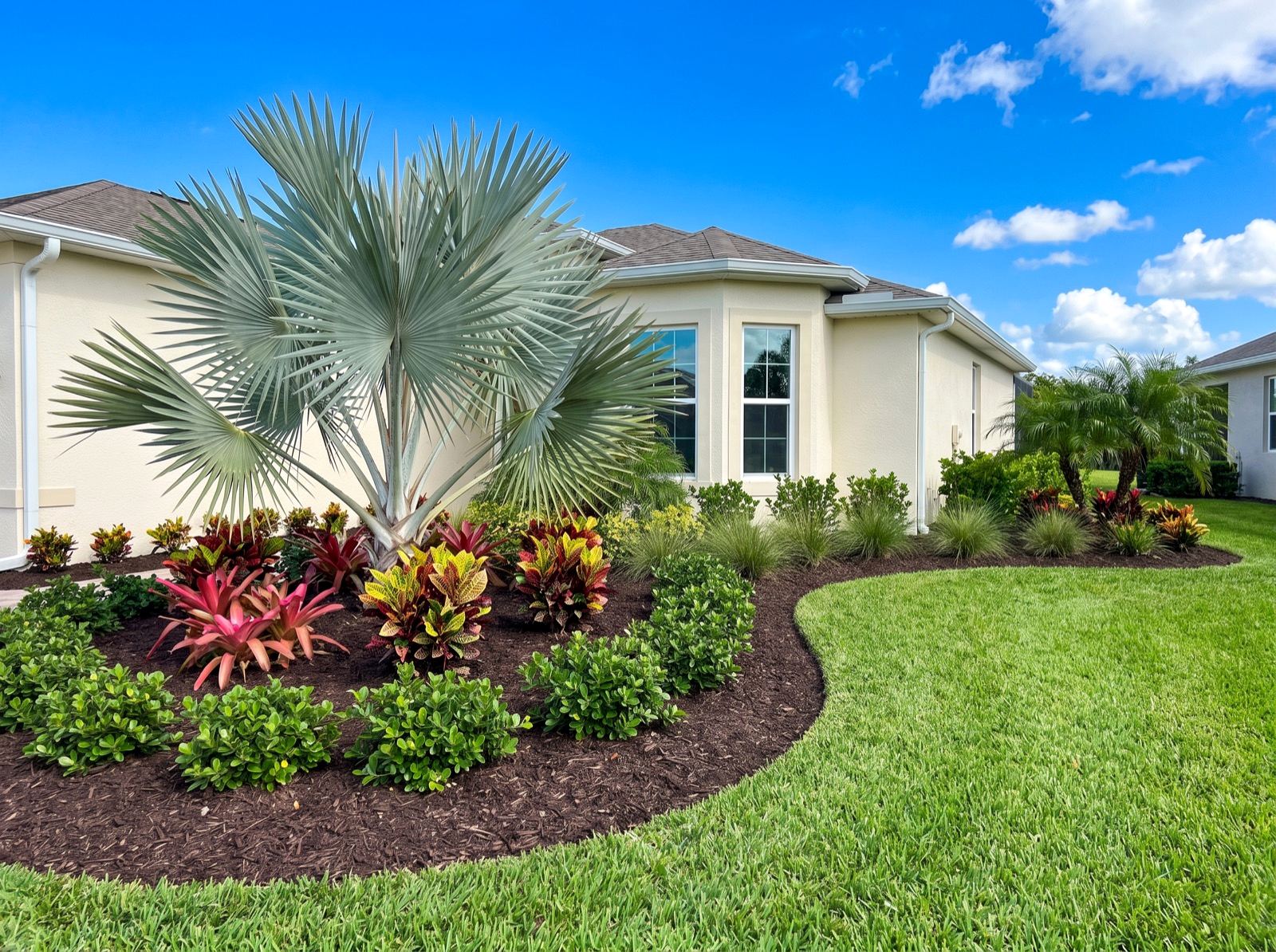 A newly designed and installed front landscape with layered tropical planting and curved bed lines